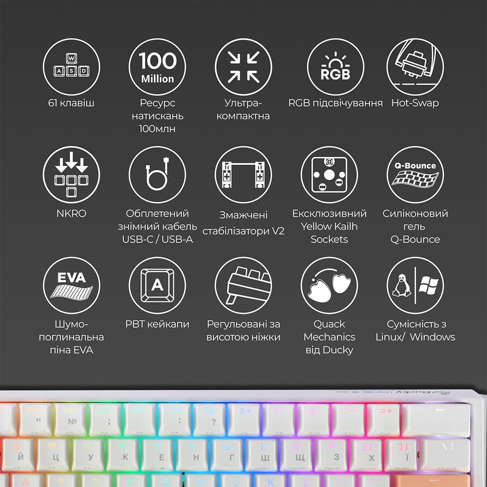 Замовити Клавіатура DUCKY One 3 Mini Cherry MX Brown RGB White (DKON2161ST-BUAPXPWWWSC1)