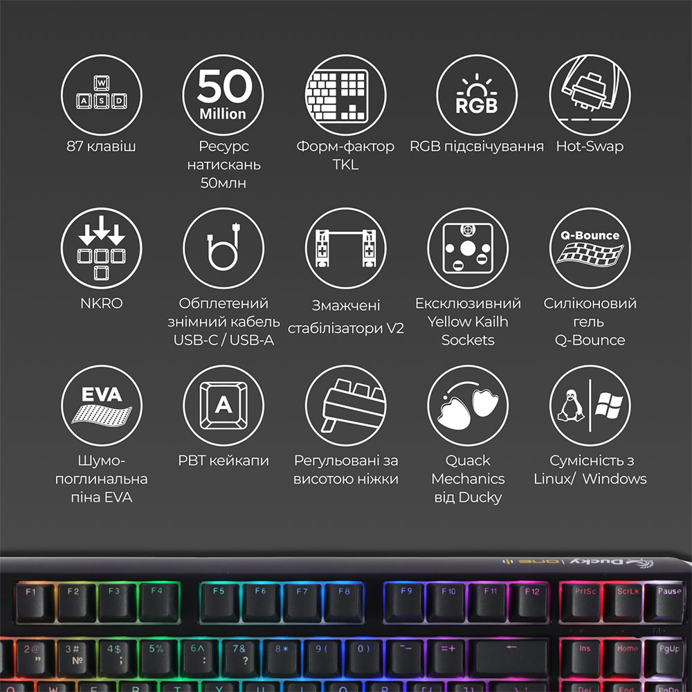 Покупка Клавиатура DUCKY One 3 TKL Cherry MX Blue RGB Black UA (DKON2187ST-CUAPXCLAWSC1)