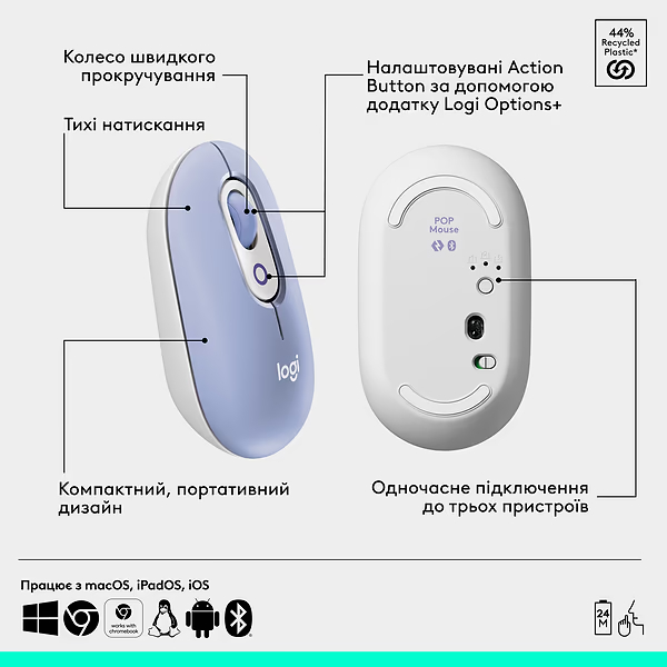 Комплект LOGITECH POP ICON COMBO Lilac (L920-013078) Конструкция мембранная