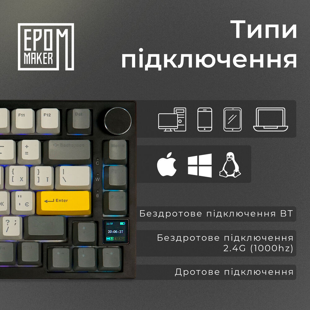 В інтернет магазині Клавіатура EPOMAKER AK820 Pro 75% Gift Switch Hot-Swap 2.4G/BT/USB LCD Screen RGB Black (AK820 Pro)