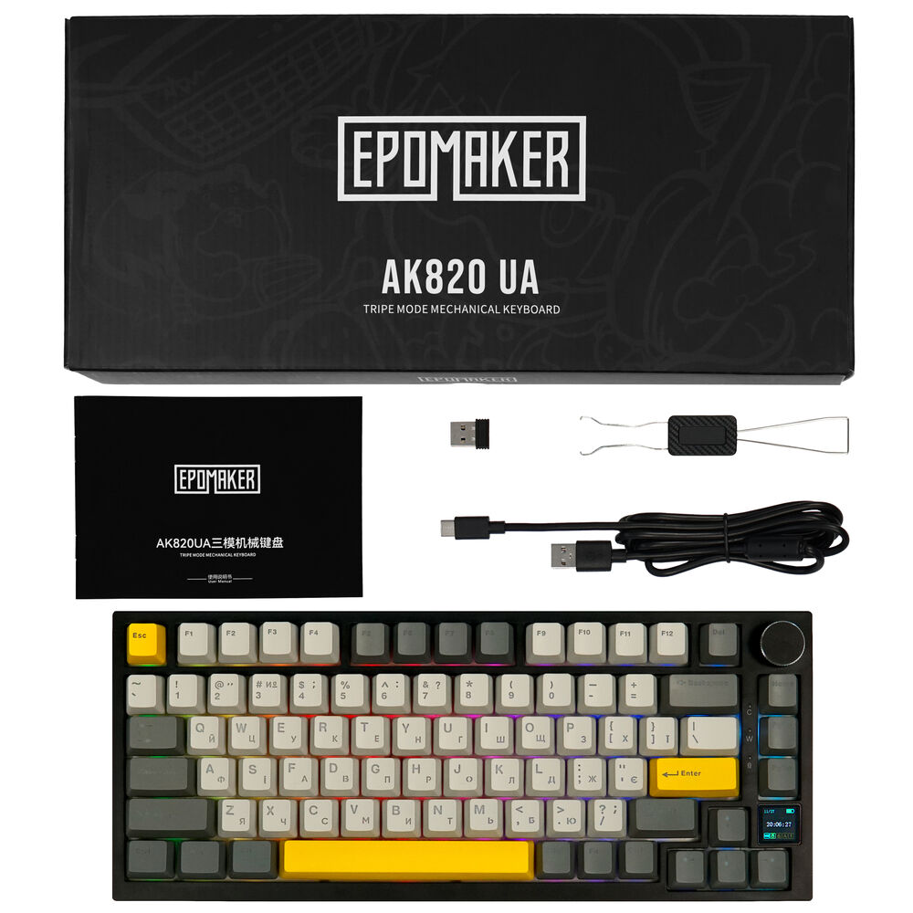 Клавіатура EPOMAKER AK820 Pro 75% Gift Switch Hot-Swap 2.4G/BT/USB LCD Screen RGB Black (AK820 Pro) Підключення комбіноване