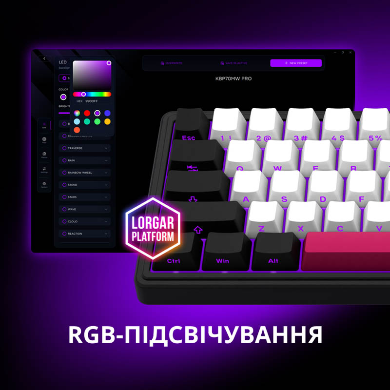 Клавиатура LORGAR KBP70MW Pro Wireless Mechanical EN/UA White (LRG-KBP70MW-WH-US) Подключение комбинированное