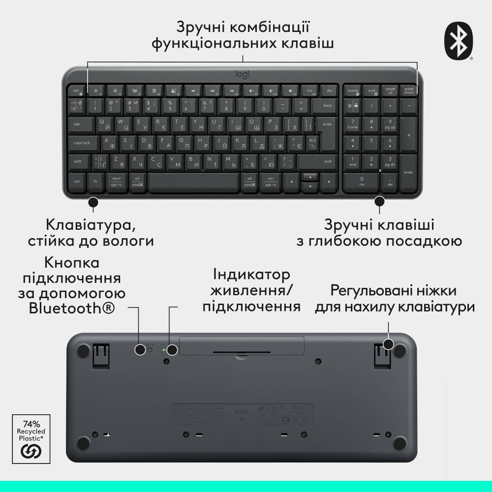 Фото Клавиатура LOGITECH K250 Wireless GRAPHITE UKR (920-013822)