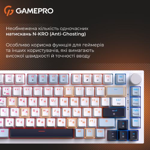 Зовнішній вигляд Клавіатура GAMEPRO Genesis Warden outemu swithes Blue/White (MK160BL)
