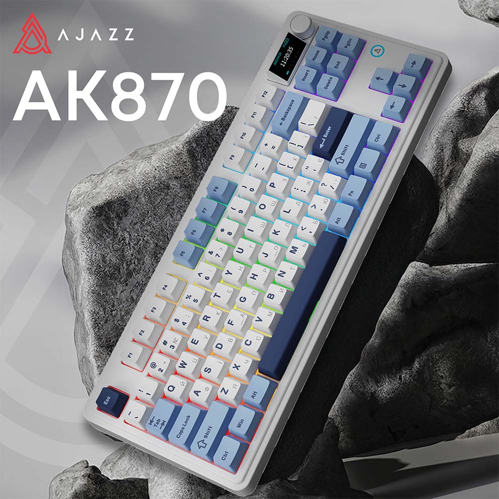 Клавиатура AJAZZ AK870 Plus Murad Switch Blue/White/Navy (AK870-MU-BWD) Комплектация  Клавиатура; кабель USB Type-C; USB-ресивер 2.4 ГГц; инструмент для замены кейкапов и переключателей; сменные кейкапы; руководство пользователя