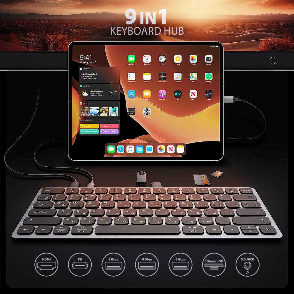 Клавиатура AXAGON KEYBOARD HMC-KB-CRL 9 in 1 Layout Silver/Black Комплектация  Клавиатурный концентратор USB-C, кабель USB-C длиной 60 см, дорожная сумка для клавиатуры-концентратора, самоклеящиеся резиновые накладки для увеличения наклона клавиатуры, многоязычное руководство.
