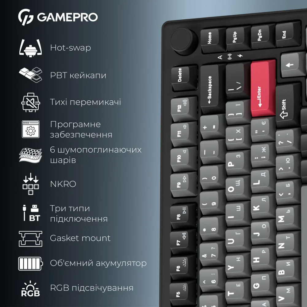 Фото 15 Клавиатура GamePro Asgard Yord Keychron Super Red Switch Wireless/Bluetooth/USB Black (MK266BK)