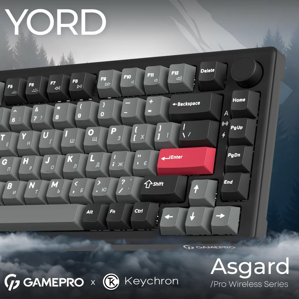 Клавиатура GamePro Asgard Yord Keychron Super Red Switch Wireless/Bluetooth/USB Black (MK266BK) Дополнительно Gasket mount (система звукоизоляции); Hot swap (горячая замена механических переключателей)
