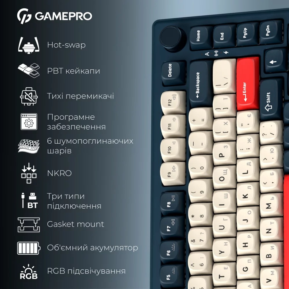 Фото 15 Клавиатура GamePro Asgard Yord Keychron Super Red Switch Wireless/Bluetooth/USB Blue (MK266BL)