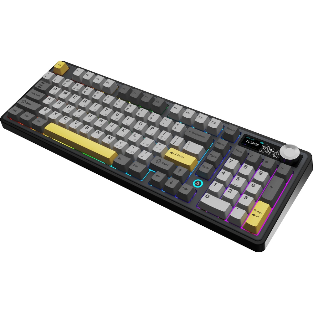 Клавиатура AJAZZ AK980 V2 Gift Switch V2 Black/Grey/Yellow (AK980-V2-G-BGY) Дополнительно RGB подсветка; Gasket Mount (система звукоизоляции); Hot Swap; смазанные стабилизаторы; NKRO; Ajazz Gift Switch V2; многофункциональный энкодер; встроенный аккумулятор 10000 мА·ч