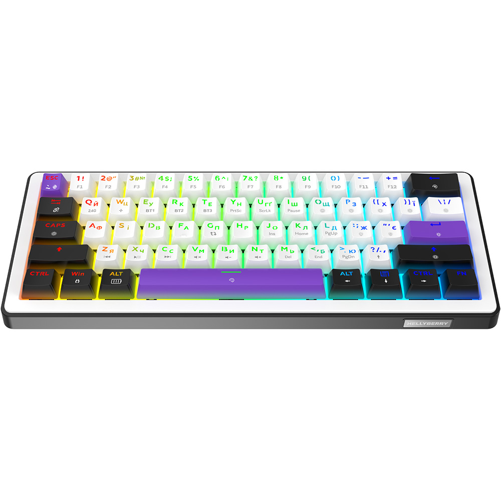 Клавіатура HATOR Hellyberry HK60 Wireless White-Violet Додатково частота опитування 1000 гц, ємність акумулятора 4000 мач, час автономної роботи до 100 годин, багатошарова система шумопоглинання, сила натискання 47±5% гс, хід спрацьовування 2,0±0,5 мм, загальний хід 3,6±0,3 мм