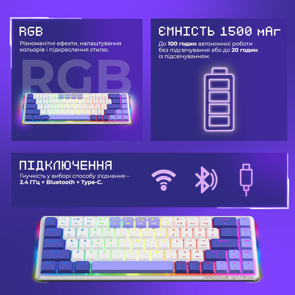 Клавіатура PROOVE GAMING AFK Ukraine Layout black (WKAFK1022001) Підключення бездротове