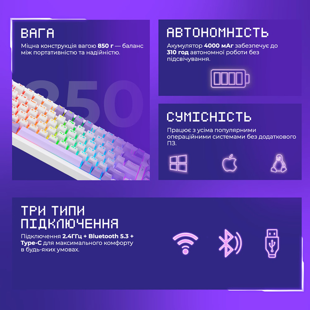 Замовити Клавіатура PROOVE GAMING Coupe Ukraine Layout white/purple (WKCP00022404)
