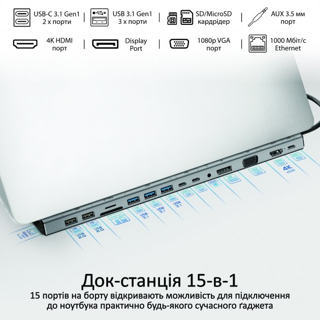 Док-станція PROMATE BaseLink-Pro 15in1 Black (baselink-pro.black) Тип живлення активний