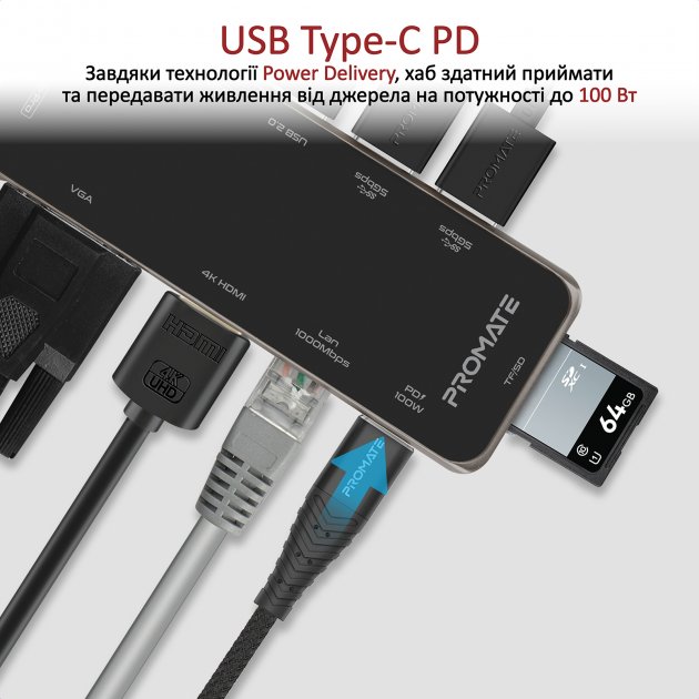 Док-станція PROMATE PrimeHub-Pro 11in1 Grey (primehub-pro.grey) Інтерфейс підключення USB Type-C