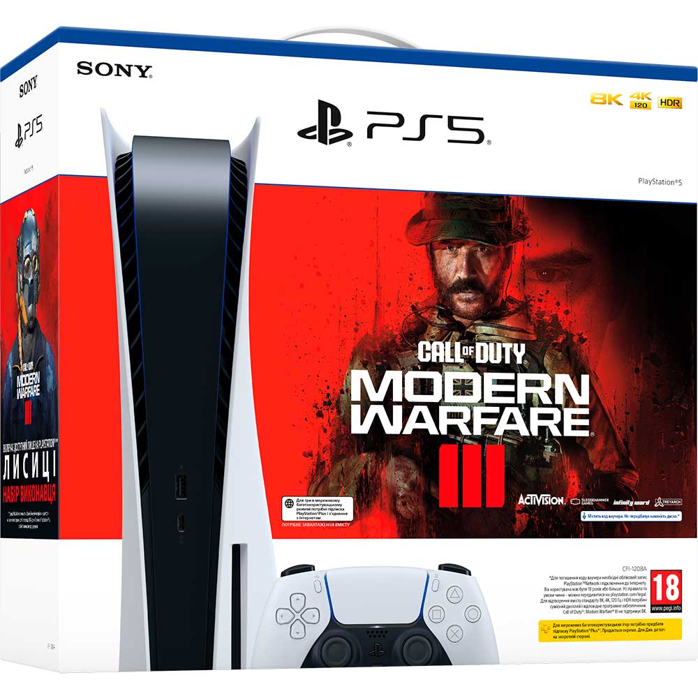 Ігрова приставка SONY PS5 Ultra HD Blu-ray + Гра Call of Duty: Modern Warfare III Процесор   8-ядерний x86-64 AMD Ryzen Zen 2 (Частота: до 3.5 ГГц)