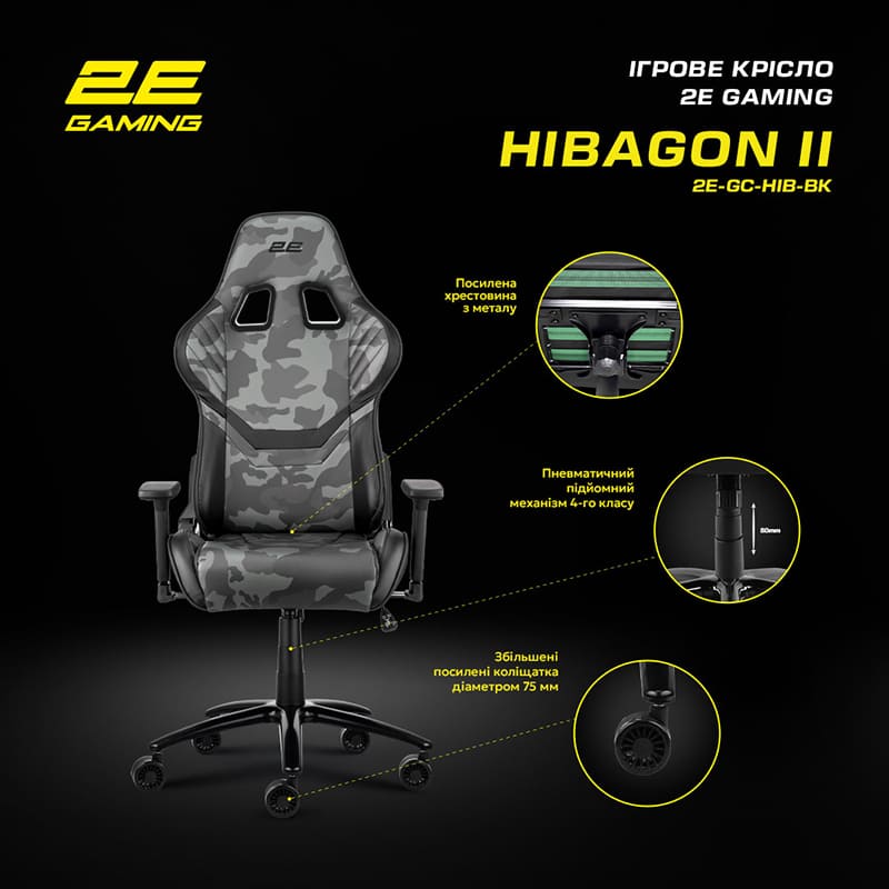 Фото 17 Крісло 2E GAMING HIBAGON II Black/Camo (2E-GC-HIB-BK)