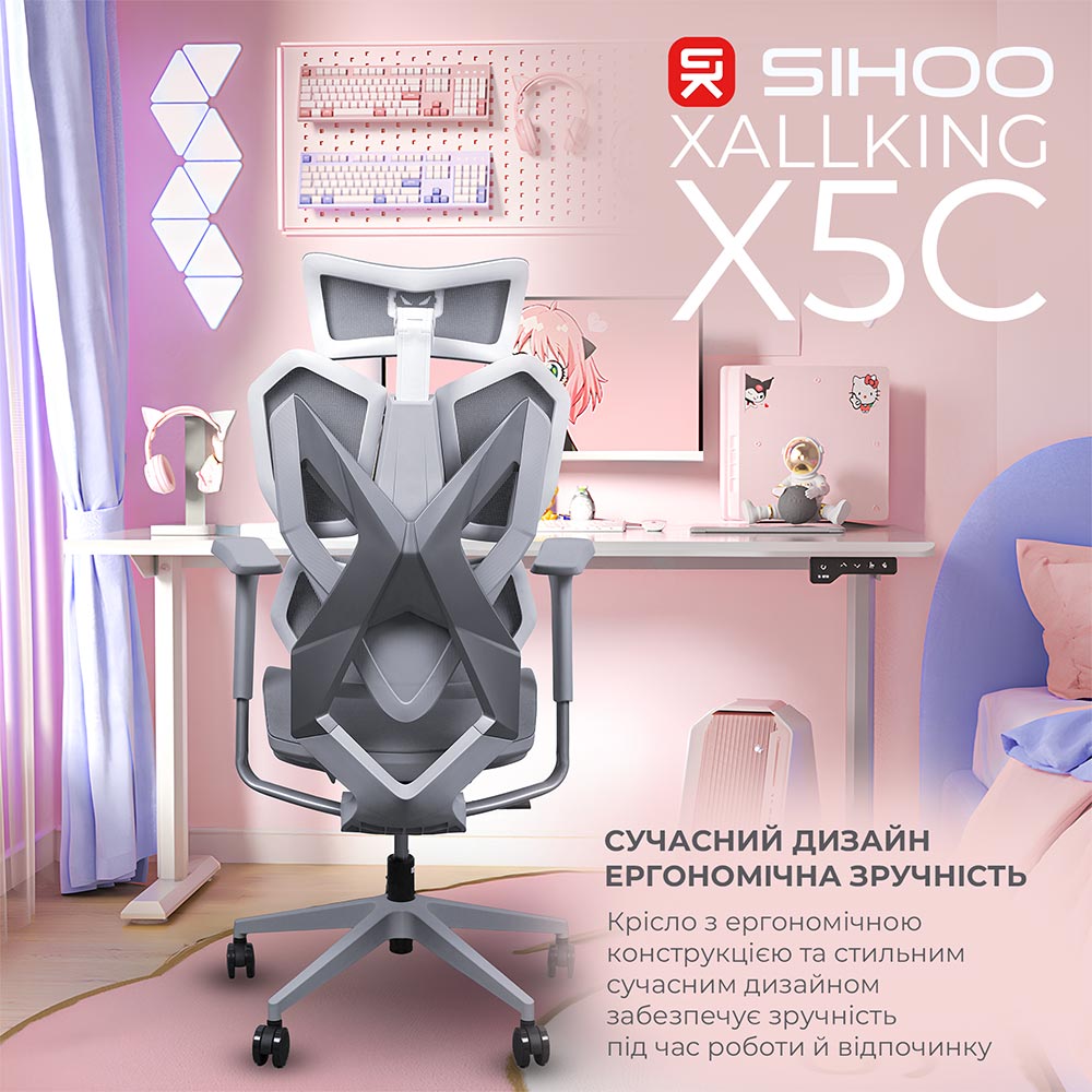 Зовнішній вигляд Крісло SIHOO Xallking X5C Mesh Grey (X5FC-N101)
