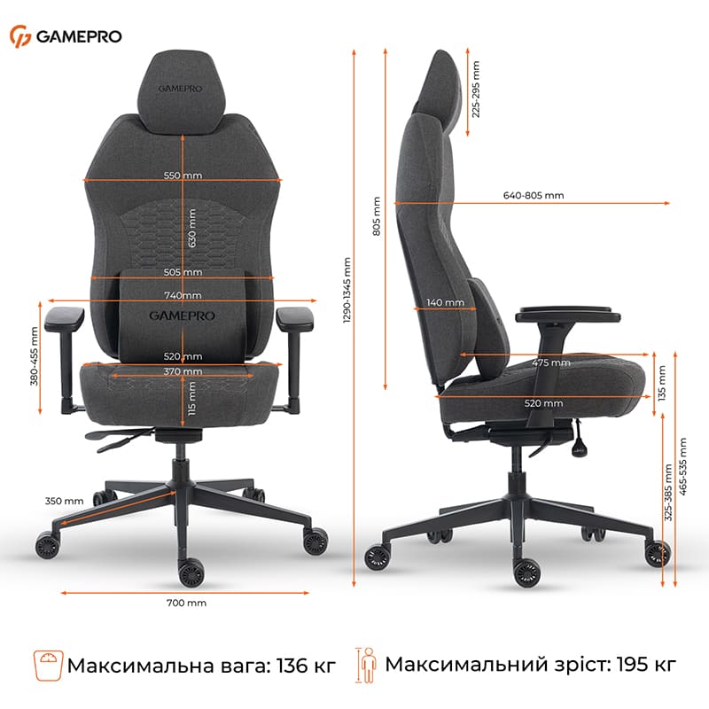 Фото 18 Крісло GAMEPRO GC760DG Dark Grey Fabric