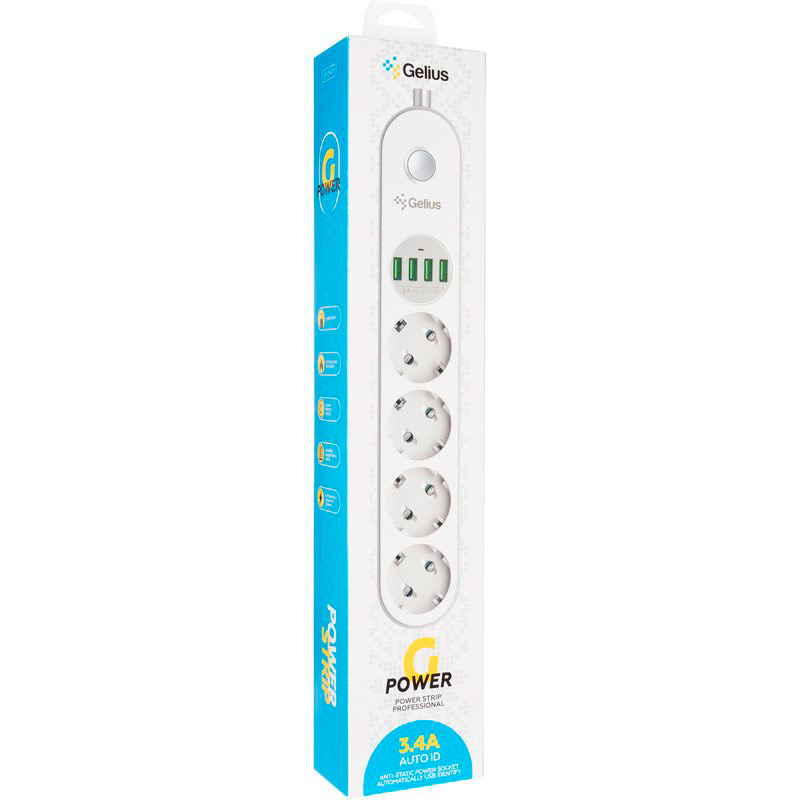В Україні Мережевий фільтр GELIUS Pro G-Power 4 розетки + 4xUSB 2м 10А White (GP-PS-001)