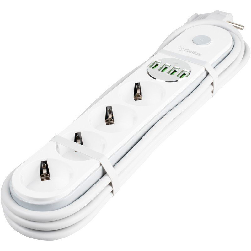 Мережевий фільтр GELIUS Pro G-Power 4 розетки + 4xUSB 2м 10А White (GP-PS-001) Максимальна сила струму 10