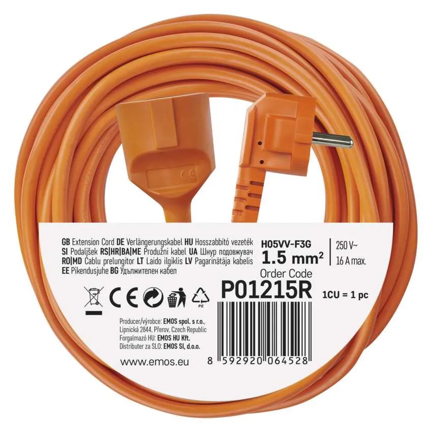 Удлинитель EMOS P01215R 1 розетка 15м 16А Orange (P01215R) Тип розеток евророзетка с заземлением (Тип F)