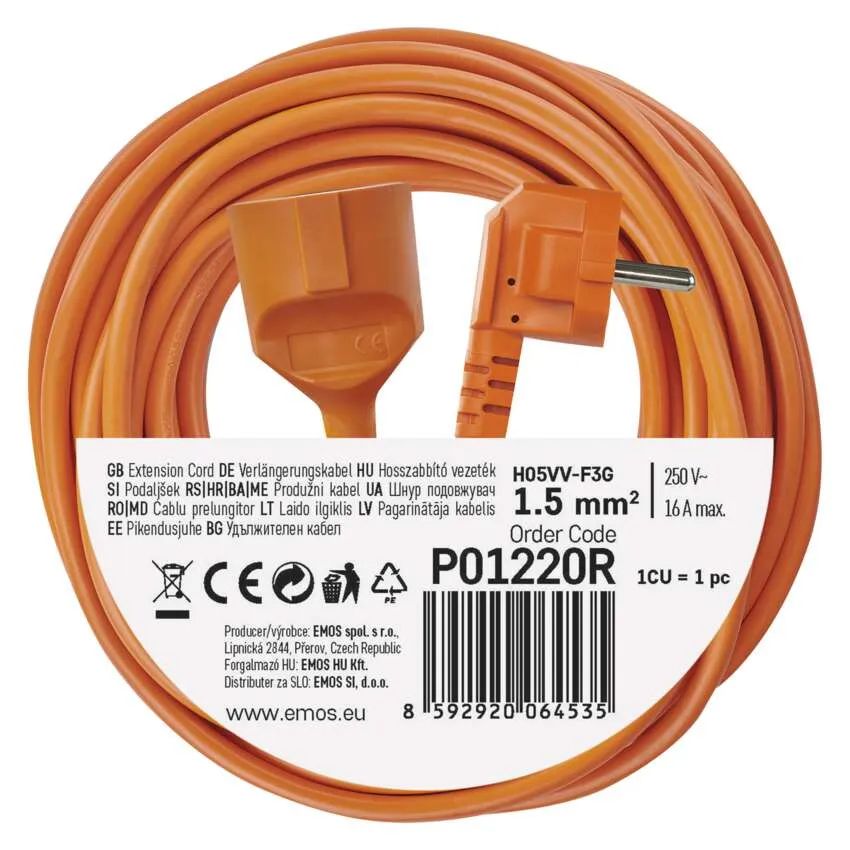 Удлинитель EMOS P01220R 1 розетка 20м 16А Orange (P01220R) Тип розеток евророзетка с заземлением (Тип F)