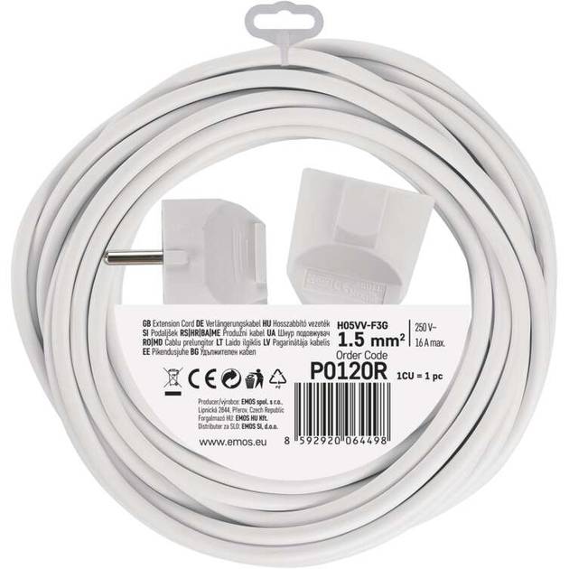 Удлинитель EMOS 1 розетка 10м 16А 3x1,5мм2 White (P0120R) Тип вилки евровилка с заземлением (Тип F) 