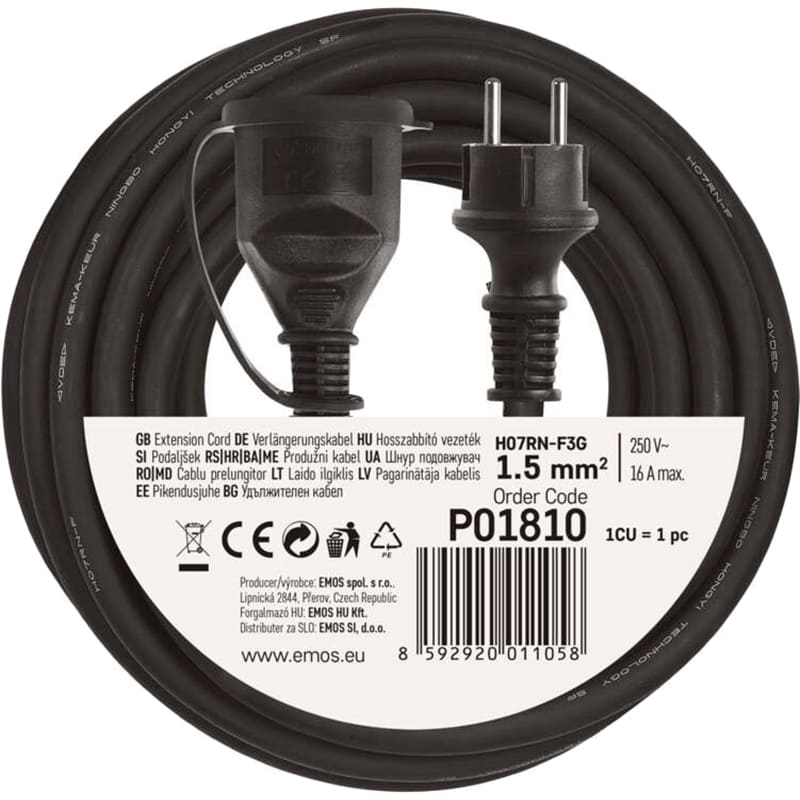 Удлинитель EMOS 1 розетка 10м 16А 3х1.5мм2 Black (P01810) Удлинитель EMOS 1 розетка 10м 16А 3х1.5мм2 Black (P01810) Тип вилки евровилка с заземлением (Тип F)