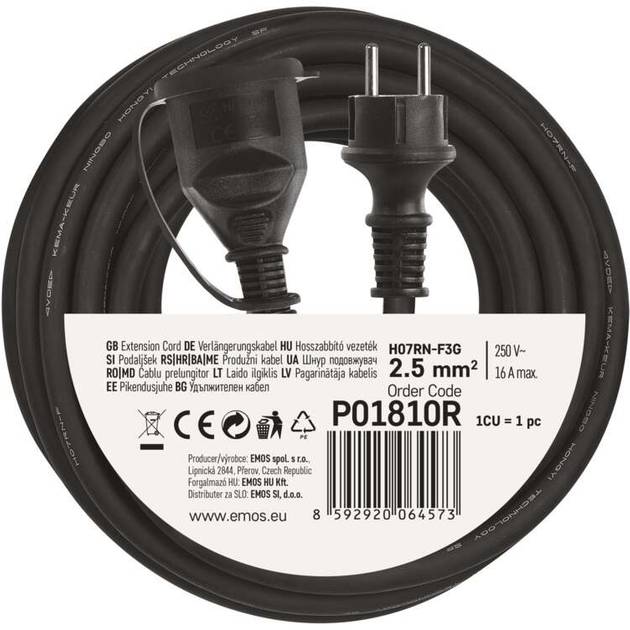Подовжувач EMOS 1 розетка 10м 16А 3x2, 5мм2 Black (P01810R) Тип вилки євровилка із заземленням (Тип F)