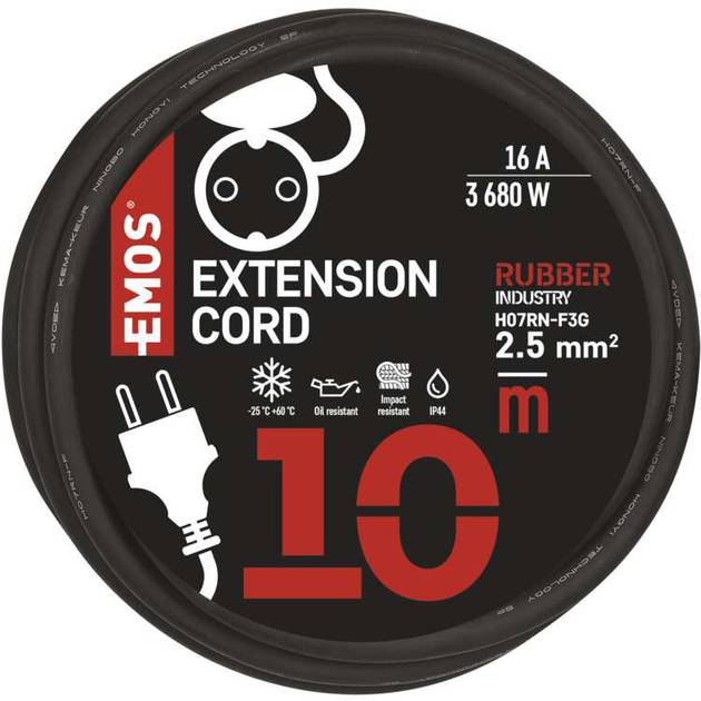 Подовжувач EMOS 1 розетка 10м 16А 3x2, 5мм2 Black (P01810R) Тип розеток євророзетка із заземленням (Тип F)