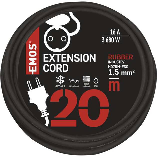 Удлинитель EMOS 1 розетка 20м 16А 3х1,5мм2 Black (P01820) Тип розеток евророзетка с заземлением (Тип F)