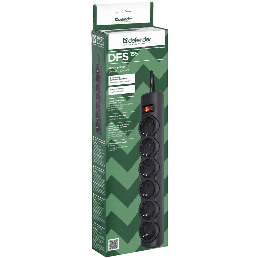 Мережевий фільтр DEFENDER DFS 155 6 розеток 5м 10А 3x1.0мм2 Black (994960) Тип вилки євровилка із заземленням (Тип F)