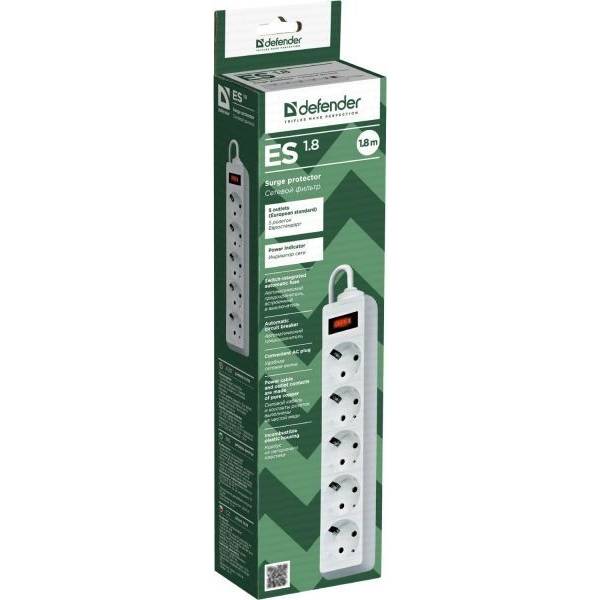 Внешний вид Сетевой фильтр DEFENDER ES 5 розеток 1.8м 10А 3x1.0мм2 White (994810)