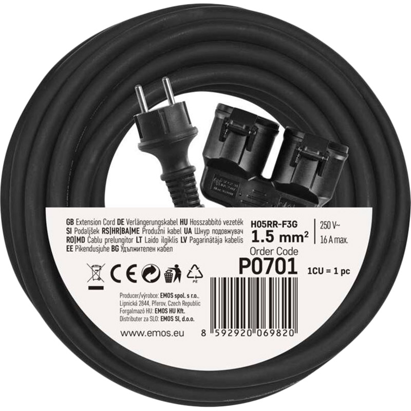 Подовжувач EMOS 2 розетки 10м 16A 3x1.5мм2 Black (P0701) Максимальна сила струму 16