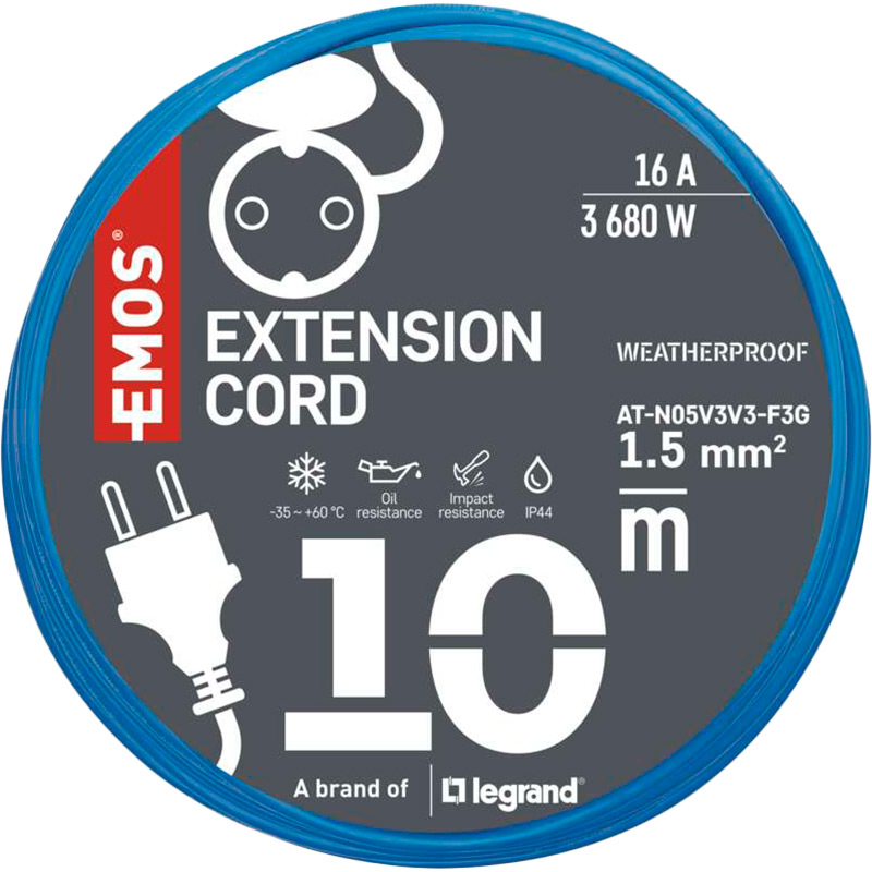 Удлинитель Emos P01510W 1 розетка 10м 16А 1.5мм2 Blue (P01510W) Тип розеток евророзетка с заземлением (Тип F)