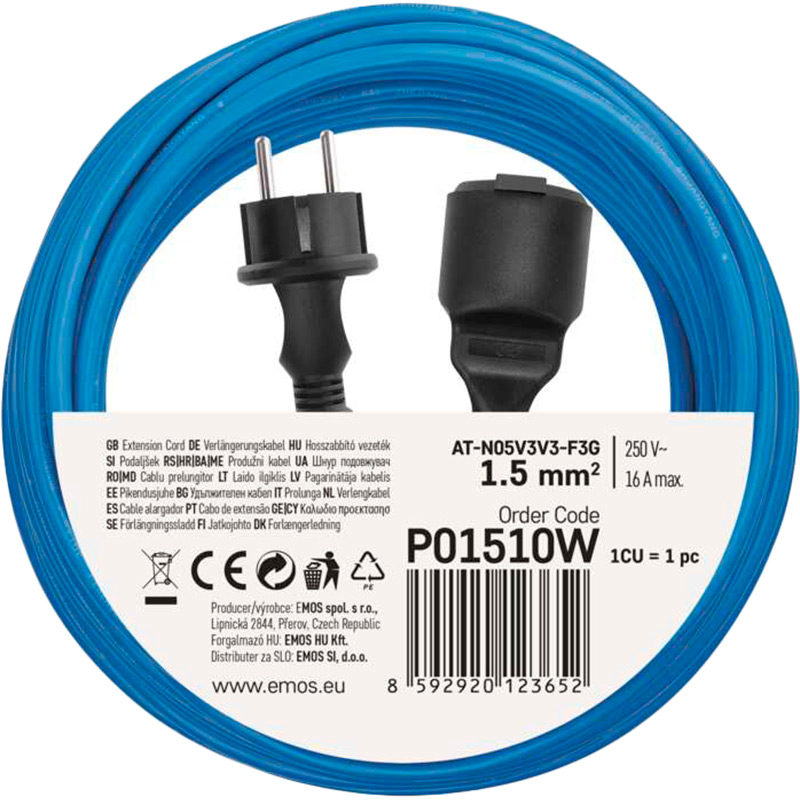 Удлинитель Emos P01510W 1 розетка 10м 16А 1.5мм2 Blue (P01510W) Тип вилки евровилка с заземлением (Тип F) 