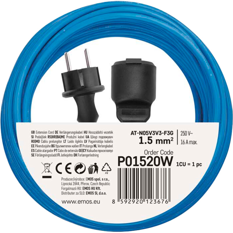 Подовжувач Emos P01520W 1 розетка 20м 16А 1.5мм2 Blue (P01520W) Тип вилки євровилка із заземленням (Тип F)