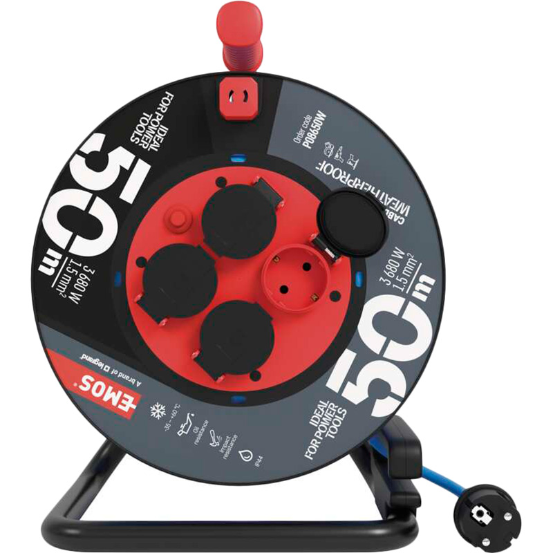 Подовжувач EMOS 4 розетки 50м 16А 3x1.5мм2 Blue/Black (P08650W) Максимальна сила струму 16