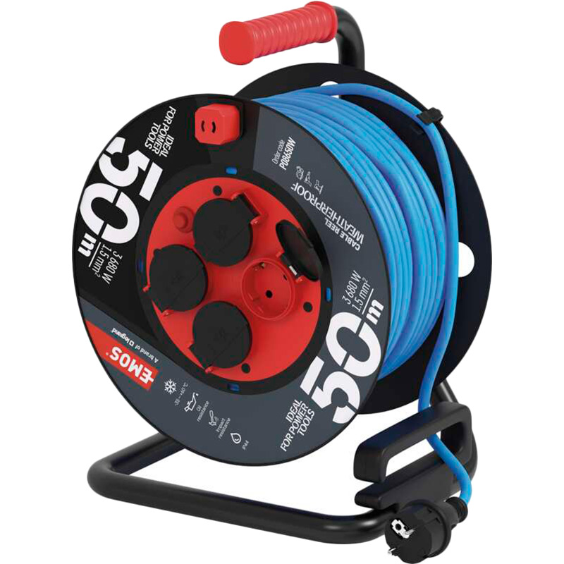Подовжувач EMOS 4 розетки 50м 16А 3x1.5мм2 Blue/Black (P08650W) Тип вилки євровилка із заземленням (Тип F)