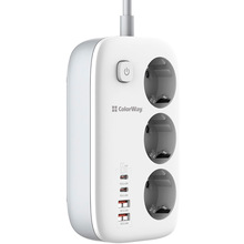 Сетевой фильтр COLORWAY GaN3 Pro PD 3 розетки + 4xUSB 2м 16А White (CW-CHE34PDW)