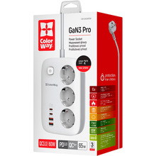 Сетевой фильтр COLORWAY GaN3 Pro PD 3 розетки + 4xUSB 2м 16А White (CW-CHE34PDW)
