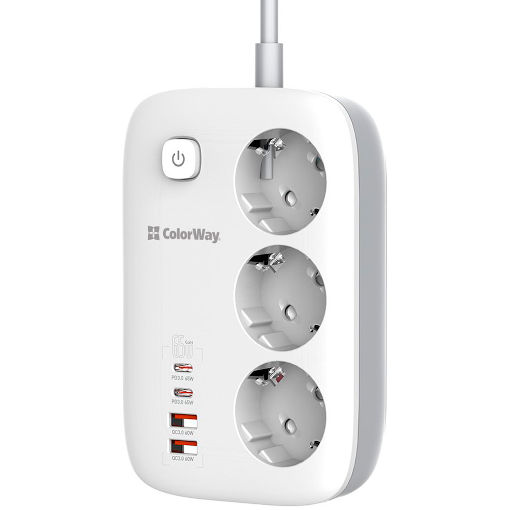 Сетевой фильтр COLORWAY GaN3 Pro PD 3 розетки + 4xUSB 2м 16А White (CW-CHE34PDW) Тип розеток евророзетка с заземлением (Тип F)