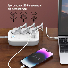 Сетевой фильтр COLORWAY GaN3 Pro PD 3 розетки + 4xUSB 2м 16А White (CW-CHE34PDW)