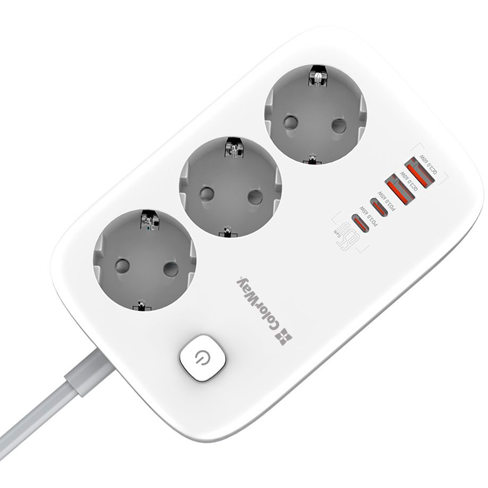 Сетевой фильтр COLORWAY GaN3 Pro PD 3 розетки + 4xUSB 2м 16А White (CW-CHE34PDW) Тип сетевой фильтр