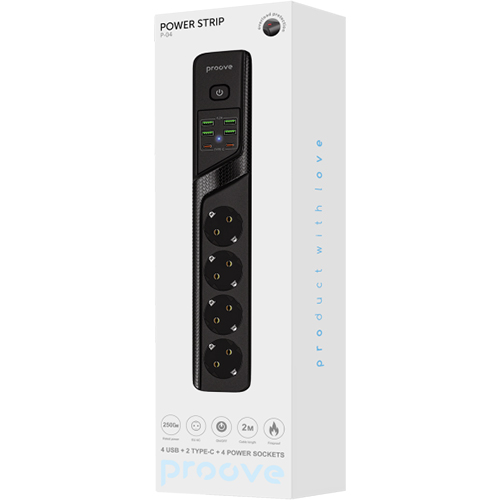 Зовнішній вигляд Мережевий фільтр PROOVE Power Socket P-04 4 розетки + 4 USB + 2 Type-C 2м 10A Black (39684black)