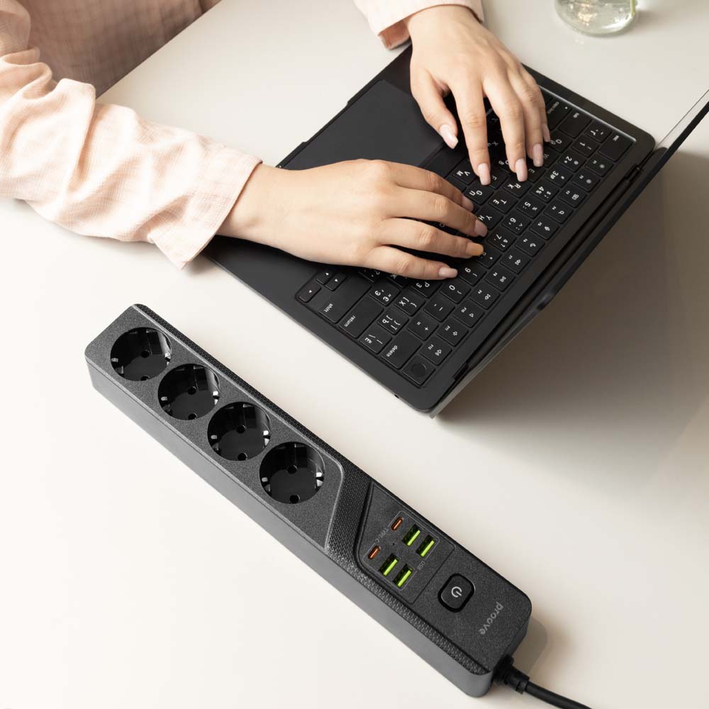 Внешний вид Сетевой фильтр PROOVE Power Socket P-04 4 розетки + 4 USB + 2 Type-C 2м 10A Black (39684black)