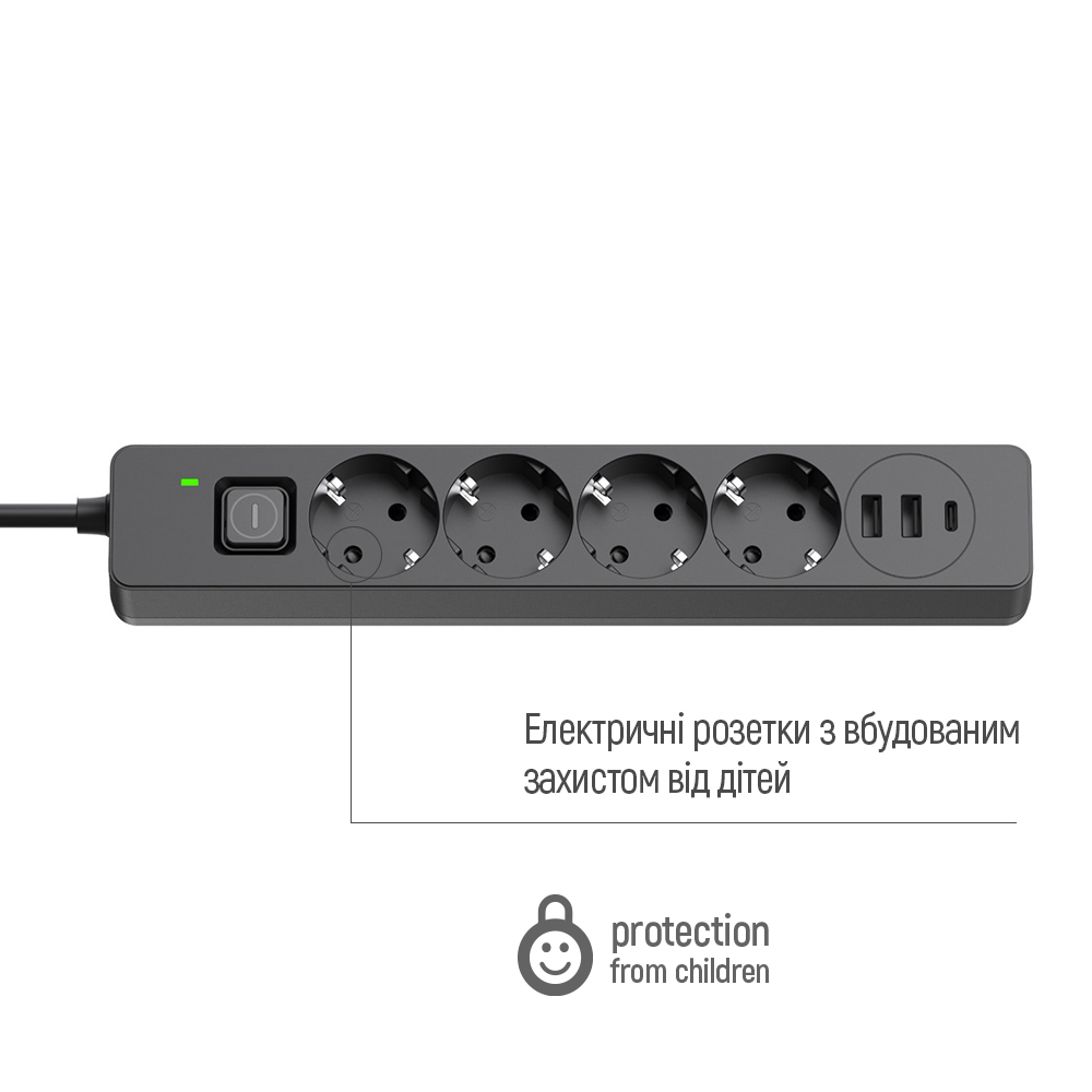Зображення Мережевий фільтр COLORWAY 4 розетки + 3xUSB 2м 10A 3x0.75мм2 Black (CW-CHE432PDB)
