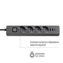 Мережевий фільтр COLORWAY 4 розетки + 3xUSB 2м 10A 3x0.75мм2 Black (CW-CHE432PDB)