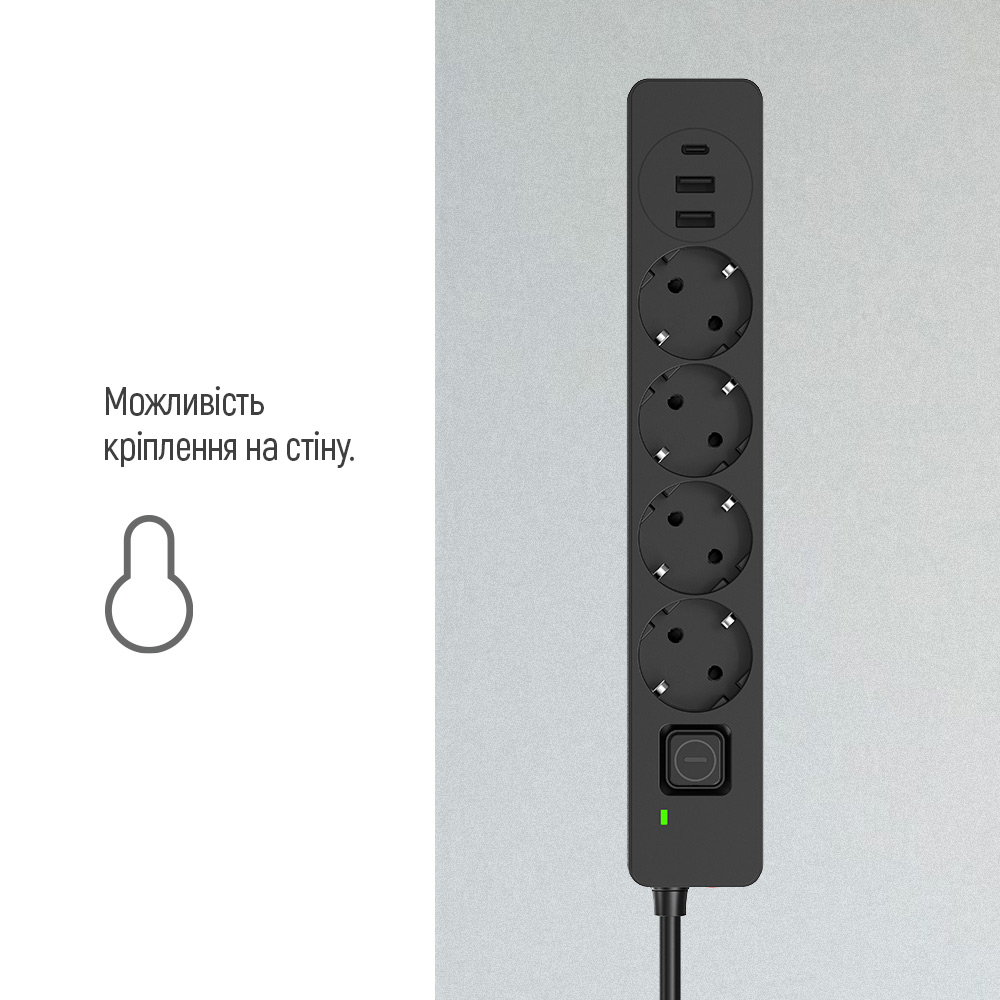 Мережевий фільтр COLORWAY 4 розетки + 3xUSB 2м 10A 3x0.75мм2 Black (CW-CHE432PDB) Максимальна сила струму 10